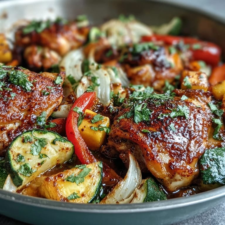 Spicy and sweet One-Pan Mango Chili Chicken dinner with tender chicken breasts, roasted vegetables, and fresh mango, garnished with cilantro.  