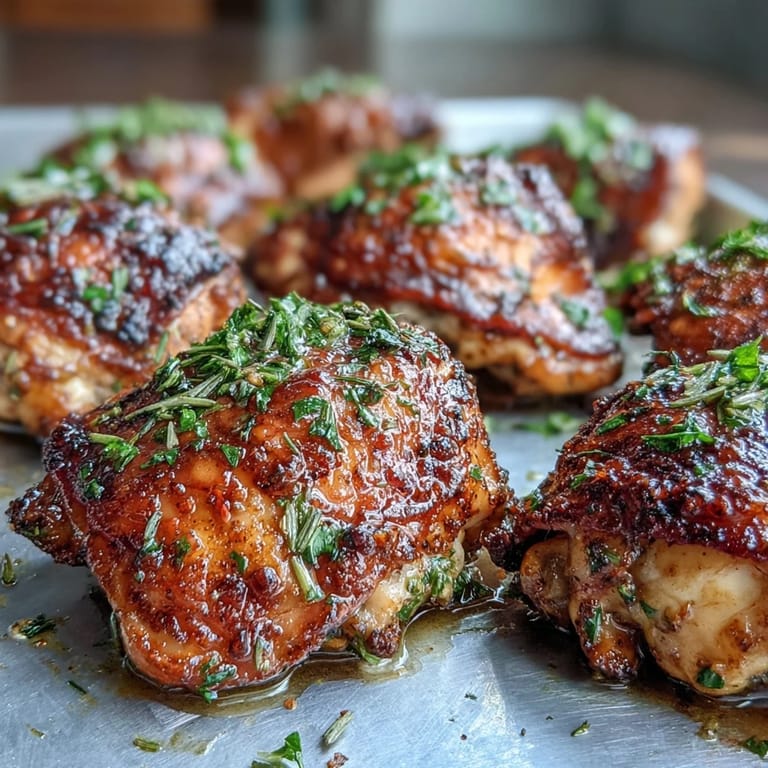 Juicy chicken thighs and tender vegetables with lemon-herb potatoes on a colorful sheet pan meal.  