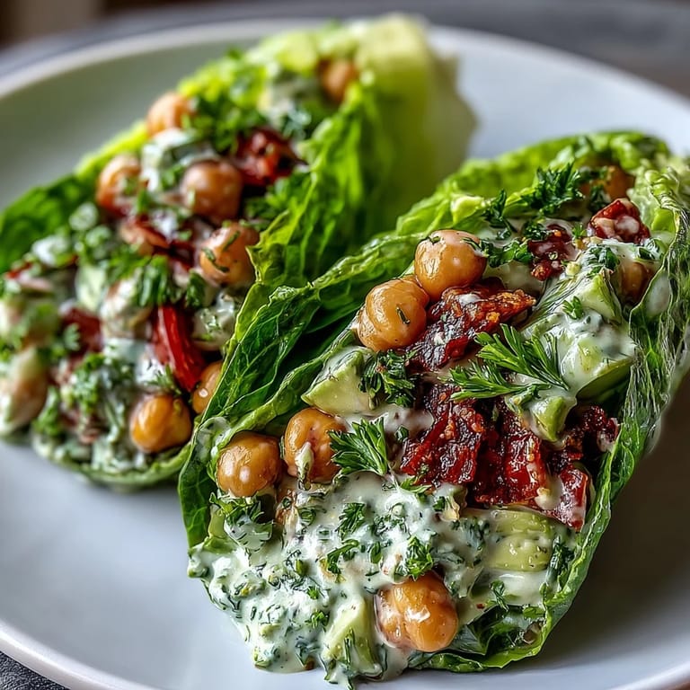 Creamy avocado and protein-rich chickpeas wrapped in crisp lettuce leaves for a refreshing, healthy meal.  