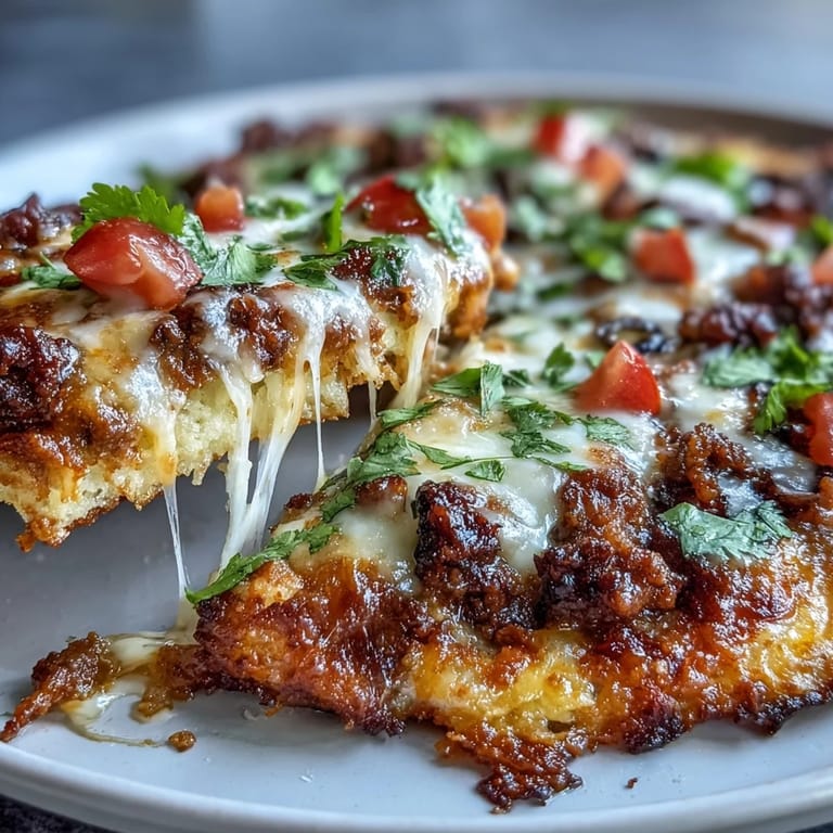 Low-carb taco skillet featuring a golden cauliflower crust topped with spiced beef, black olives, and fresh cilantro.