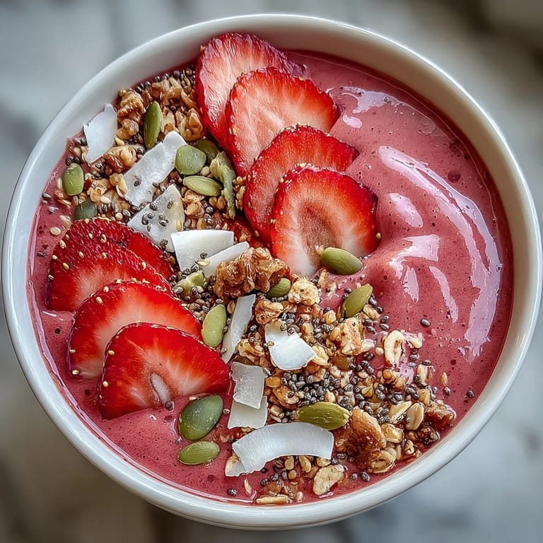 Creamy strawberry smoothie bowl with hidden cauliflower, protein powder, and crunchy toppings—perfect for a satisfying, weight loss-friendly meal.