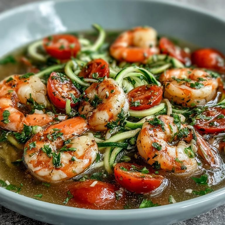 Vibrant zucchini noodle shrimp bowl with cherry tomatoes in a fragrant lemon-garlic broth, perfect for quick dinners.