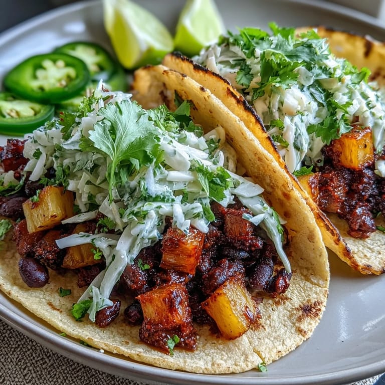 Bright and flavorful vegan tacos featuring sweet pineapple, savory black beans, and crunchy coconut lime slaw for a tropical fusion feast.