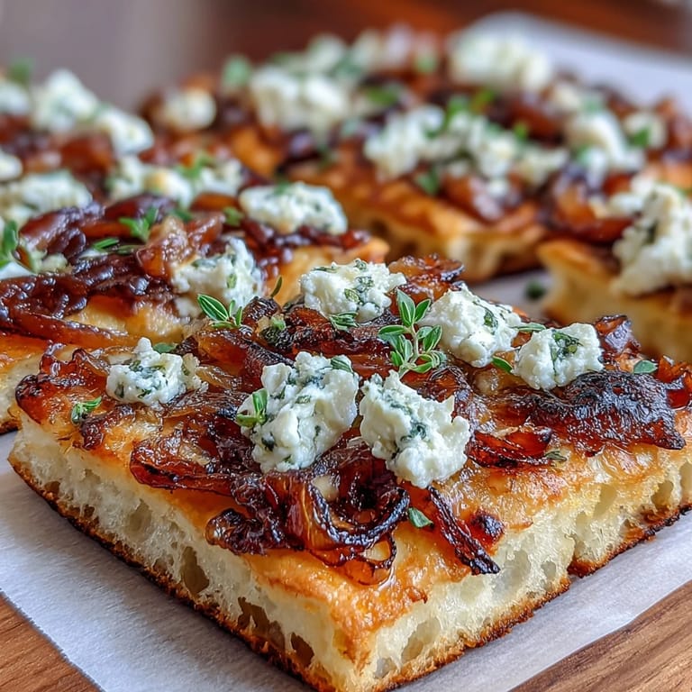 Golden-brown flatbread topped with rich, sweet caramelized onions, tangy goat cheese, and aromatic thyme leaves.