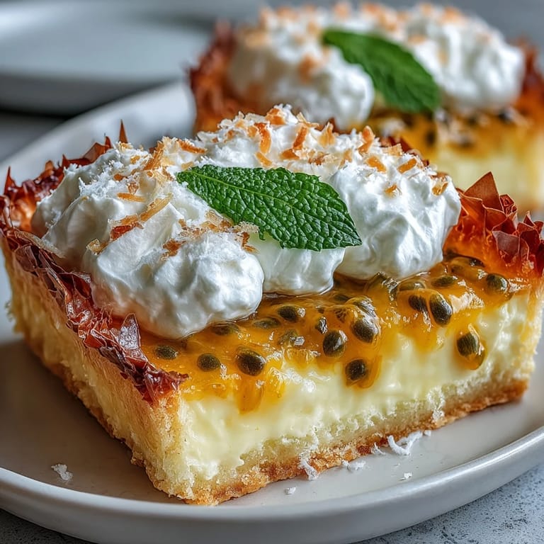 Buttery phyllo pastry filled with vibrant passionfruit curd, garnished with fresh mint and cream.