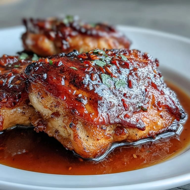 Juicy chicken thighs roasted with chili jam glaze, garnished with fresh cilantro and sesame seeds for a vibrant, fusion-inspired main dish.