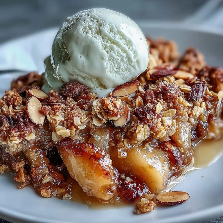Comforting apple crisp dessert with cardamom aroma, juicy apples, and a crisp, nutty topping served warm.