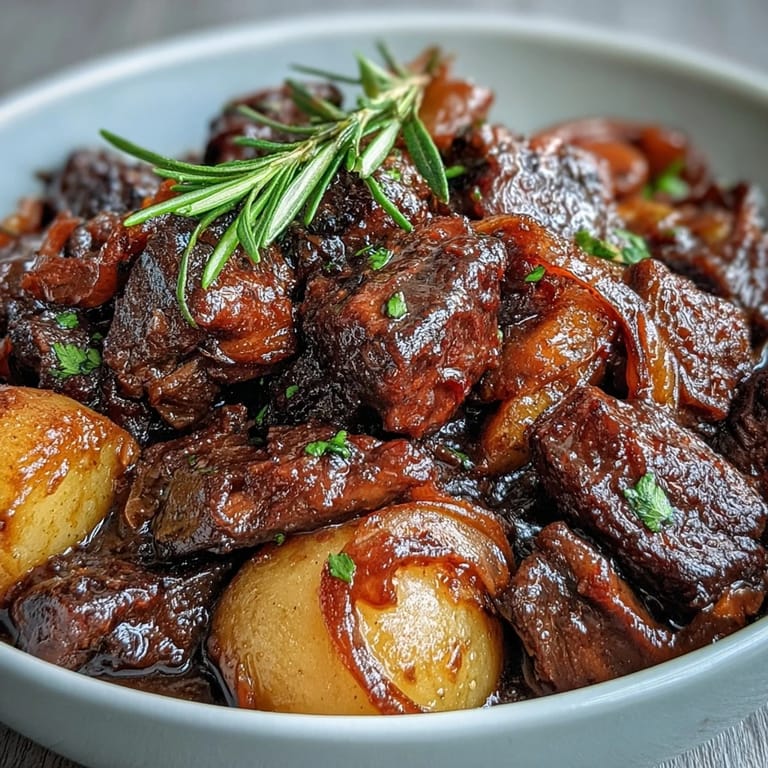 Glistening Nikujaga with glossy potatoes, sliced beef, and carrots simmered in a rich dashi-soy sauce, perfect for a cozy dinner.  