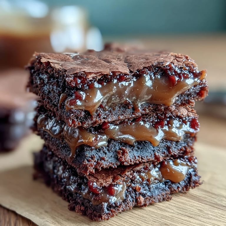 Gourmet miso caramel brownies topped with glossy chocolate and miso-infused caramel swirls, perfect for an indulgent dessert experience.