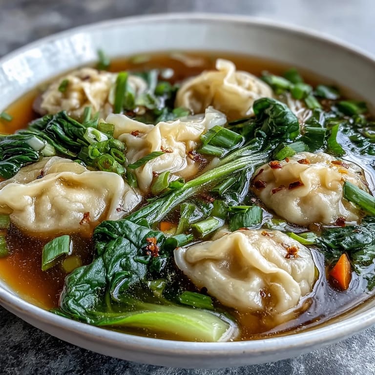 Hearty Asian dumpling soup with bok choy and ginger, featuring plump dumplings, crisp vegetables, and a light, aromatic broth.
