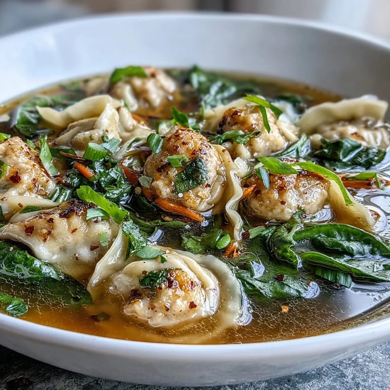 Fragrant ginger and garlic infuse this comforting Asian dumpling soup with bok choy, topped with fresh green onions and chili oil.  