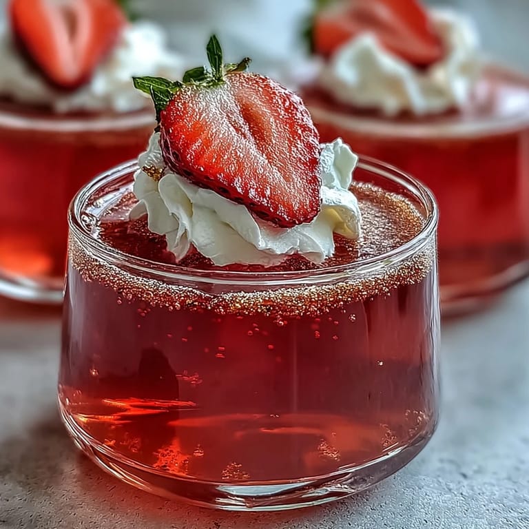 Festive Valentine's Day dessert featuring champagne-infused strawberry jello served in elegant shot glasses.