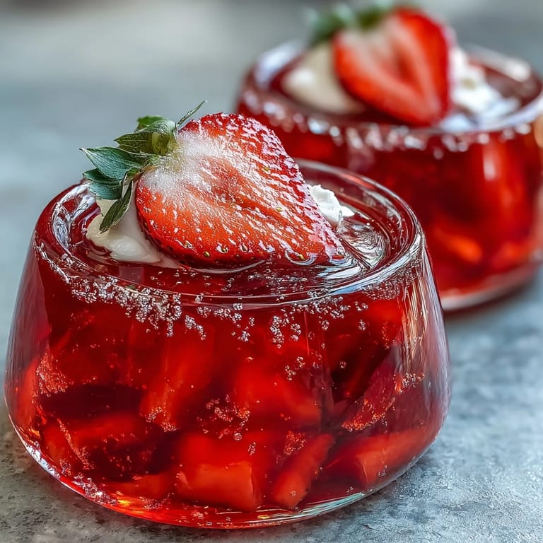 Elegant strawberry champagne jello shots topped with whipped cream and edible glitter for a romantic treat.