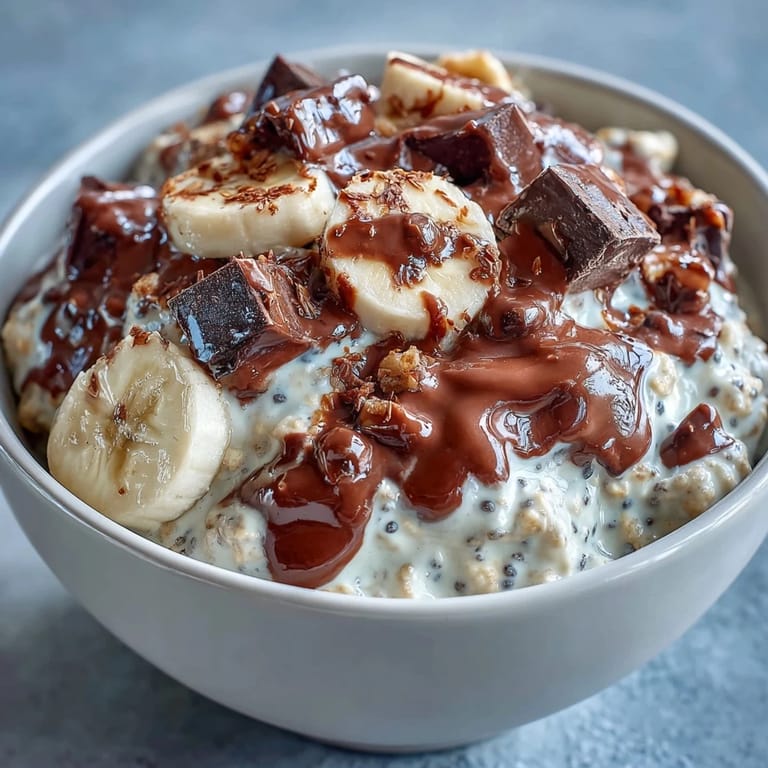 Rich and decadent overnight oats with ripe banana and melted dark chocolate, a perfect make-ahead morning treat.  