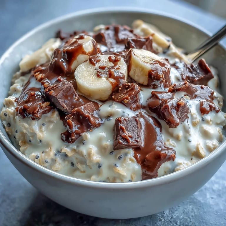 Wholesome overnight oats infused with banana and dark chocolate, garnished with nuts for added texture and protein.