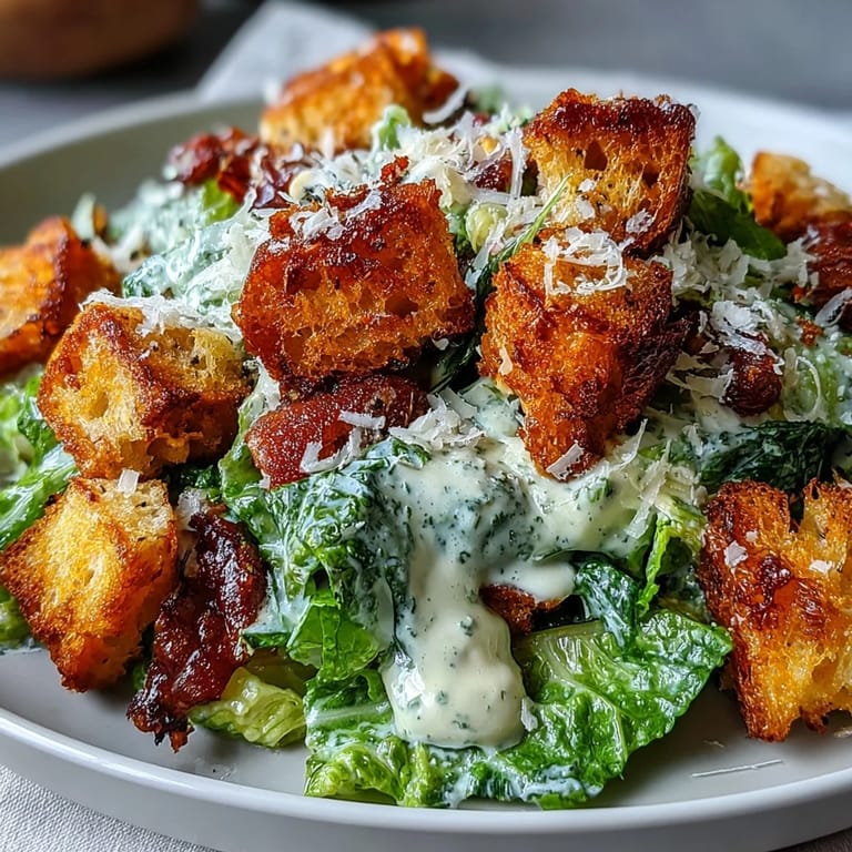 Fresh romaine lettuce tossed in rich Caesar dressing and crowned with golden, garlicky sourdough croutons.