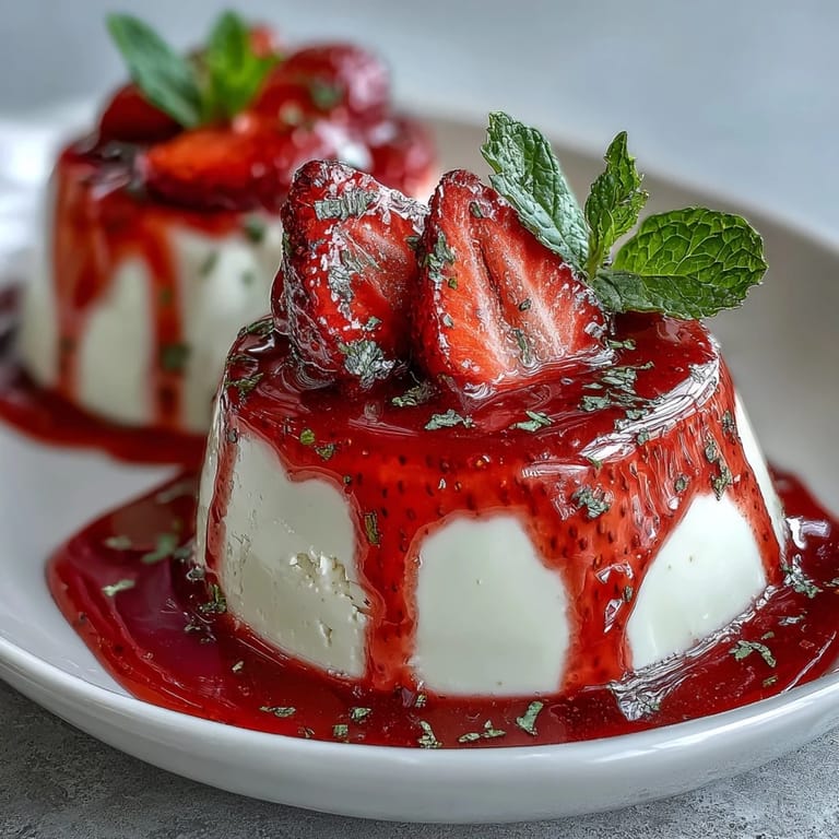A close-up shot of an elegant strawberry panna cotta served in a glass.