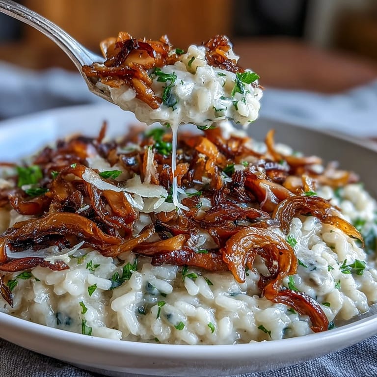 Savory mushroom risotto with sweet caramelized onions, Parmesan cheese, and fresh herbs in a rustic serving dish.