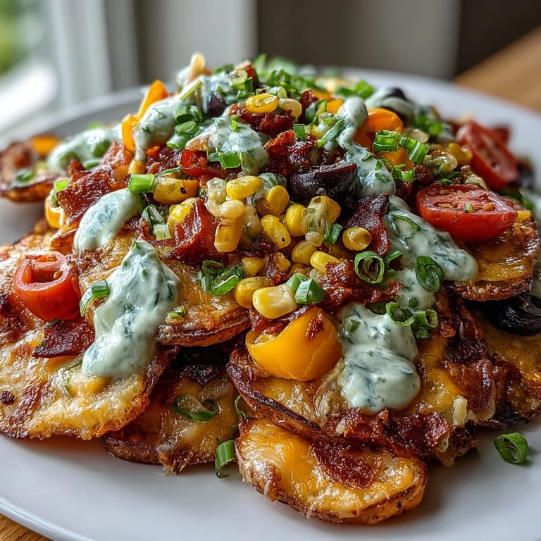 Golden baked potato slices loaded with rainbow vegetables and cheddar cheese, served with tangy Greek yogurt ranch dip for a healthy Irish nacho twist.