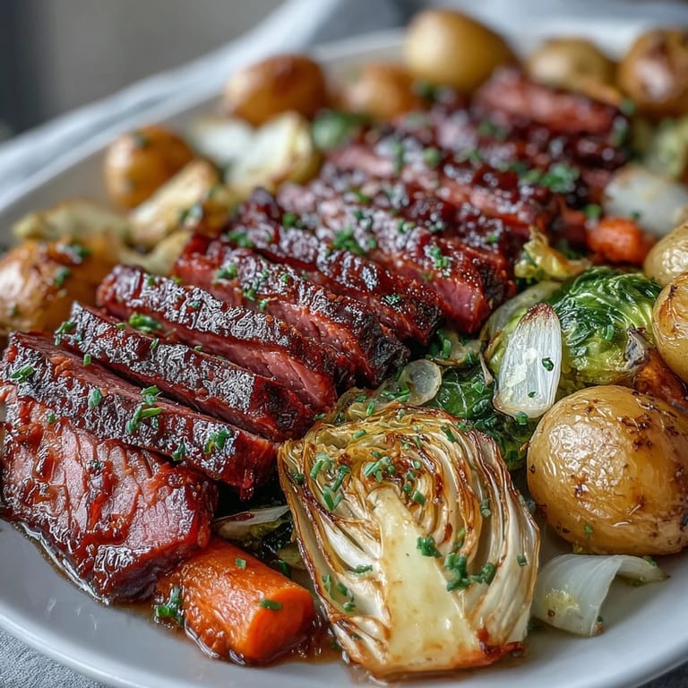 Easy corned beef and cabbage sheet pan dinner with caramelized vegetables and crispy beef edges, perfect for a quick weeknight feast.
