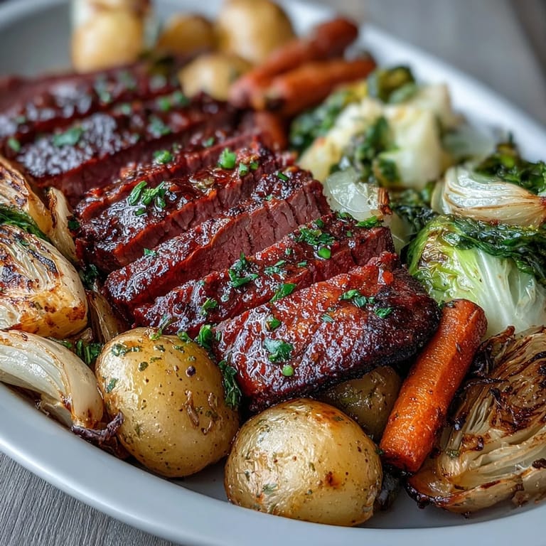 Vibrant sheet pan meal featuring savory corned beef slices nestled among roasted cabbage wedges and golden potatoes, seasoned with herbs.  