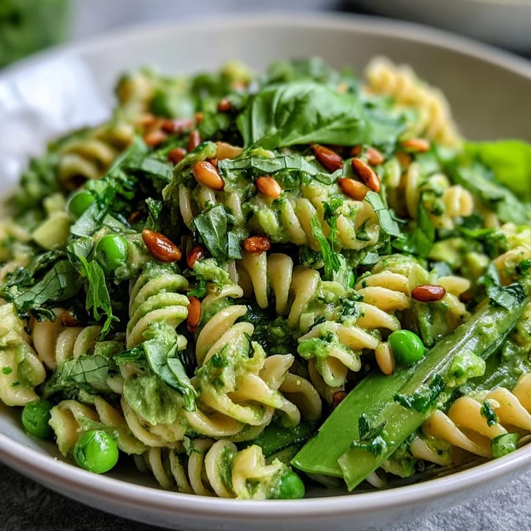 Fresh fusilli pasta salad with crisp sugar snap peas, baby spinach, and diced avocado, coated in homemade green goddess dressing.  