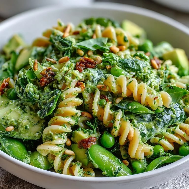 Colorful Spring Green Goddess Pasta Salad featuring tender peas, fresh herbs, and a luscious green goddess dressing for a light meal.