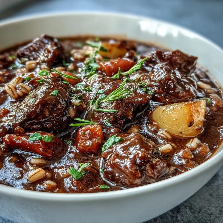 One-pot Guinness beef and barley stew with carrots, parsnips, and potatoes in a deep, flavorful stout broth.