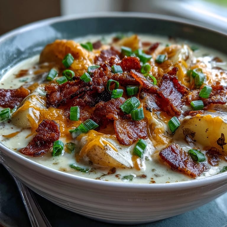 A hearty bowl of St. Patricks Day loaded baked potato soup with melted cheddar and smoky bacon crumbles.