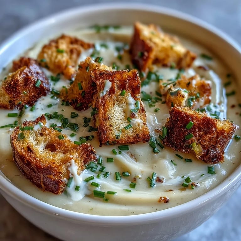 Velvety soup made with tender leeks and potatoes, topped with crisp sourdough croutons and a swirl of cream.  