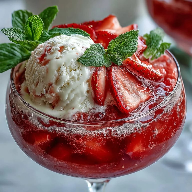 An indulgent strawberry daiquiri float featuring ripe berries, zesty lime, and sparkling water, served with a scoop of vanilla ice cream.