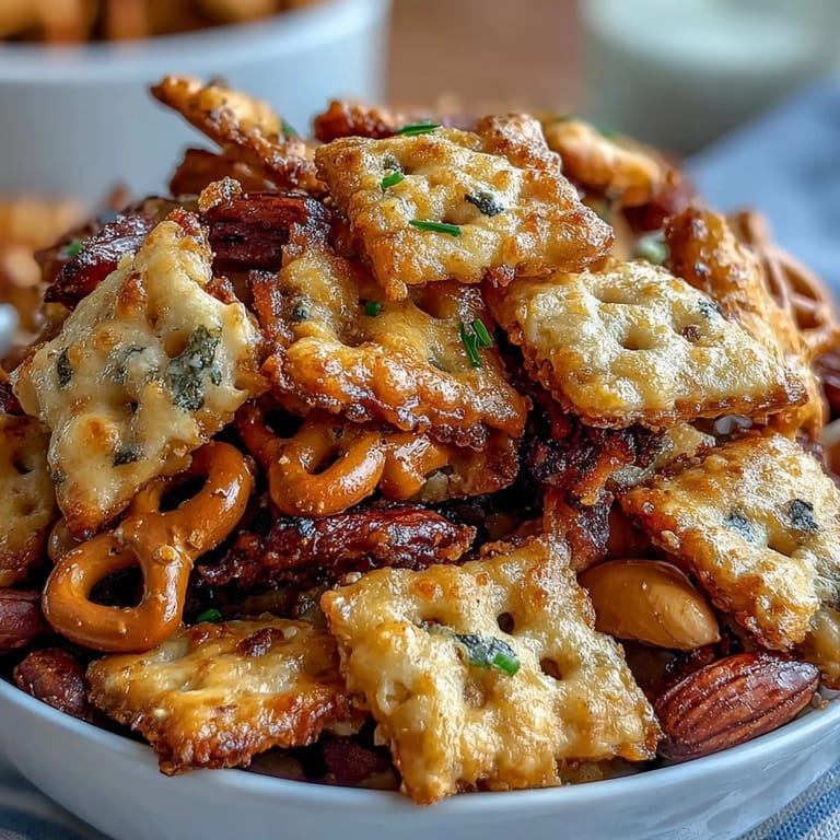 Tangy homemade sourdough Cheez-Its tossed with roasted nuts and pretzels for a savory party snack mix.  