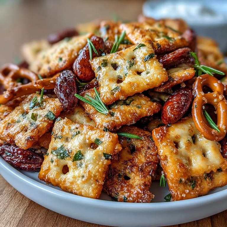 Golden sourdough Cheez-Its, pretzels, and mixed nuts baked with butter and spices for a crunchy snack mix.