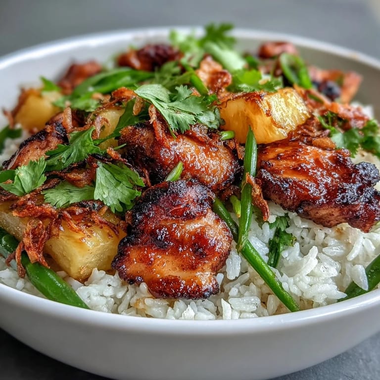Vibrant tropical Coconut Pineapple Chicken Rice Bowls featuring juicy chicken, colorful bell peppers, and pineapple over creamy coconut jasmine rice.