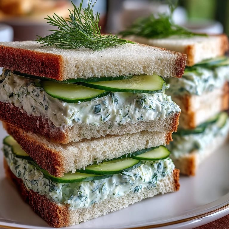 Colorful cucumber and cream cheese Benedictine sandwiches garnished with fresh dill, perfect for Southern tea parties and Kentucky Derby celebrations.