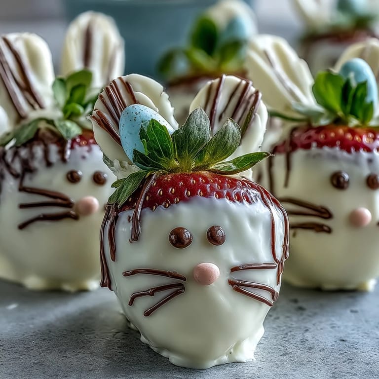 Sweet strawberries transformed into adorable chocolate-covered bunny treats with decorative ears, eyes, and pink accents for spring celebrations.