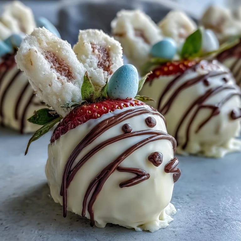 Festive Easter strawberry bunnies with white chocolate coating, pink details, and chocolate drizzle, ready to delight kids and adults alike.