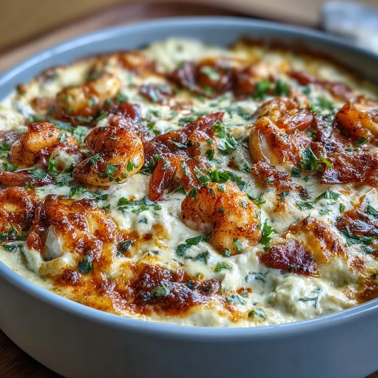 Spicy crawfish boil dip packed with crawfish tails, Monterey Jack cheese, and colorful diced vegetables.