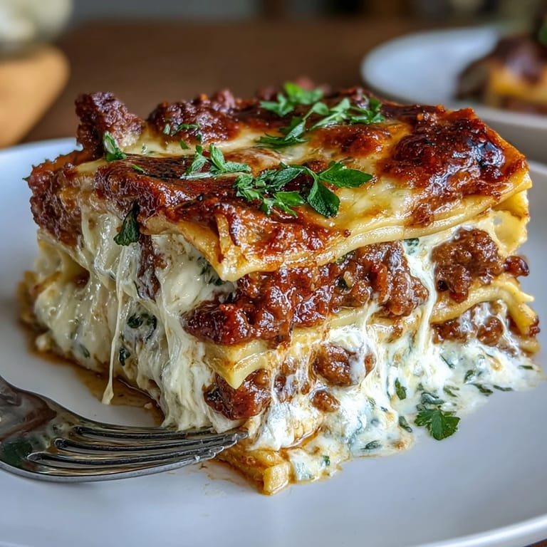 Classic lasagna with hearty beef and sausage, creamy ricotta filling, and melted mozzarella, baked until perfectly golden and bubbling.