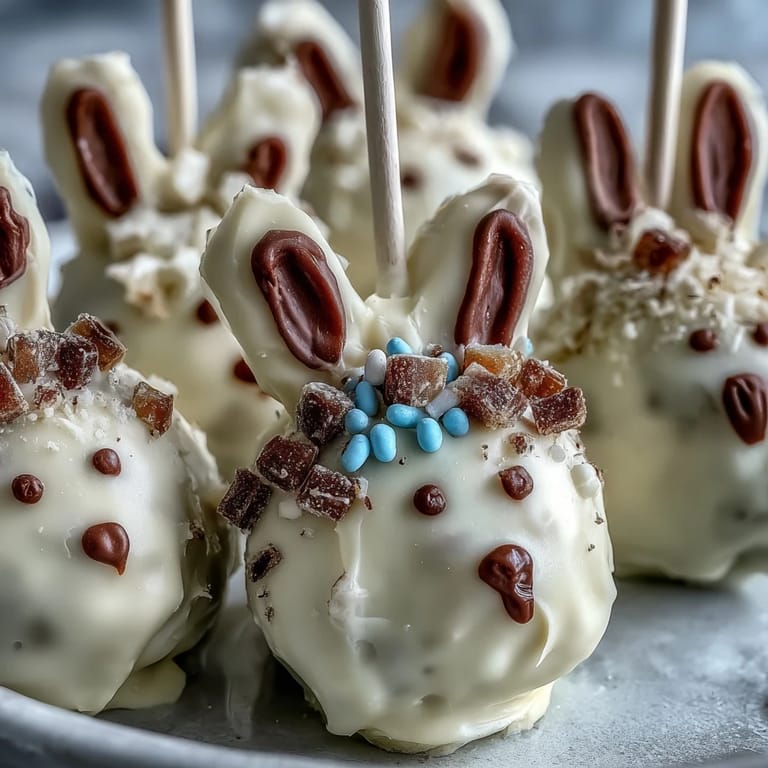 Delicious Easter bunny cake pops featuring smooth white chocolate and playful candy decorations, ideal for kids' parties and holiday gatherings.  