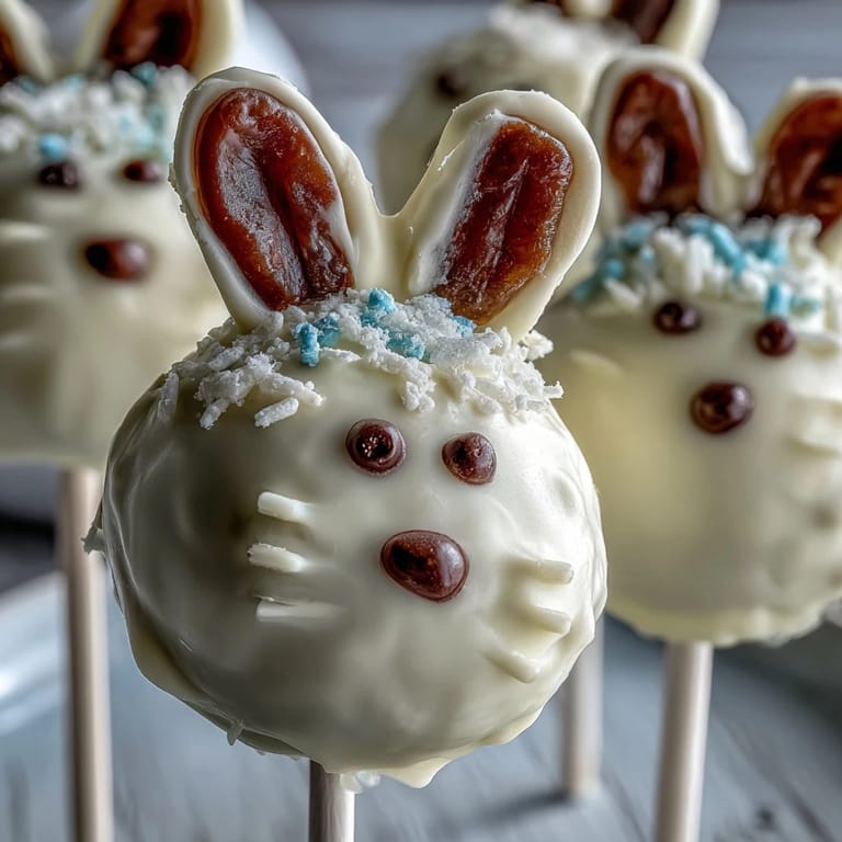 Festive Easter bunny cake pops coated in white chocolate, decorated with candy ears and whiskers, bringing sweet charm to any spring table.