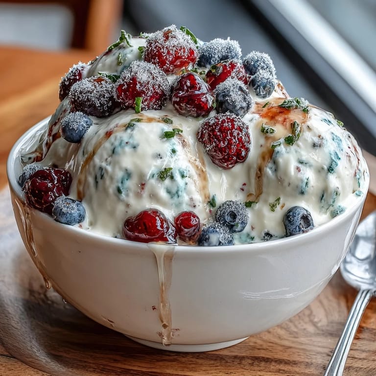 Colorful frozen yogurt bark topped with vibrant berries and honey, ideal for a cool, guilt-free dessert or snack.