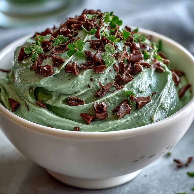 Festive green mint chocolate chip dip with chocolate chips and shamrock sprinkles, ideal for parties.