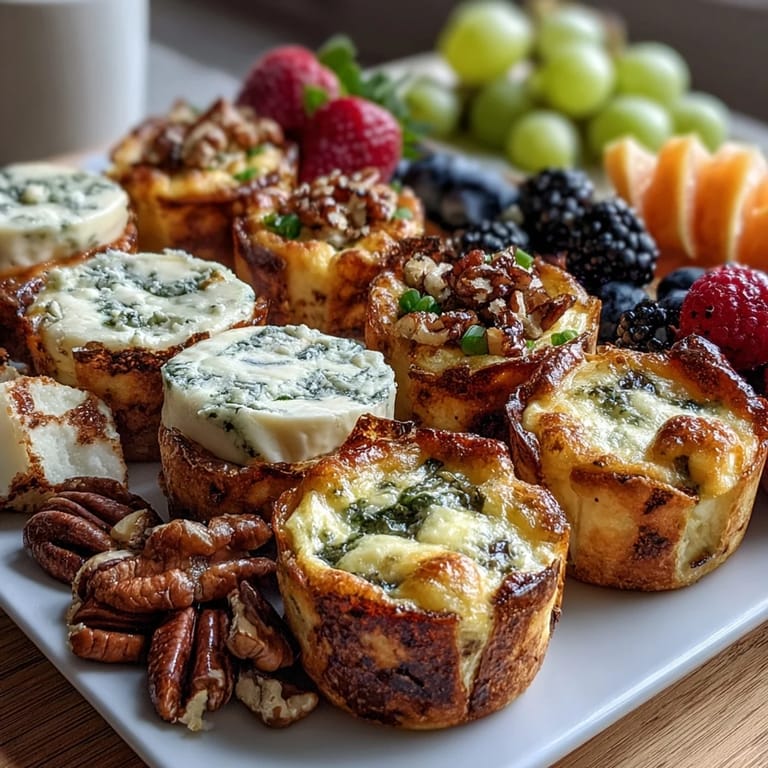 Elegant mini quiche and fruit brunch board featuring savory quiches, berries, cheeses, and croissants perfect for Mothers Day.