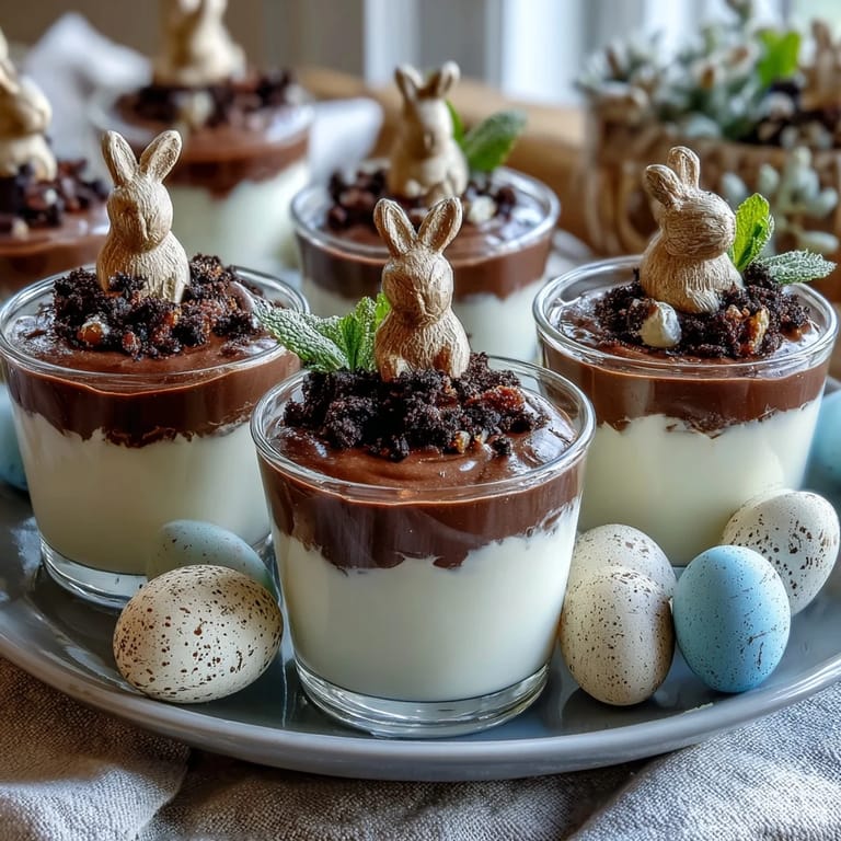 Whimsical Easter dessert cups featuring chocolate pudding, cookie crumbles, and colorful bunny candies, ideal for kids' parties and family gatherings.