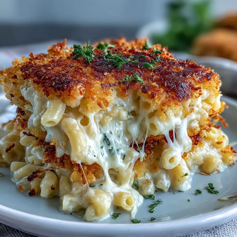 Creamy, rich Southern baked mac and cheese with melted sharp cheddar, served hot from the oven in a white casserole dish.