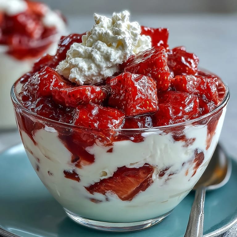 Fresh strawberry compote gently spooned over smooth Greek yogurt, garnished with mint leaves for a refreshing, healthy treat.