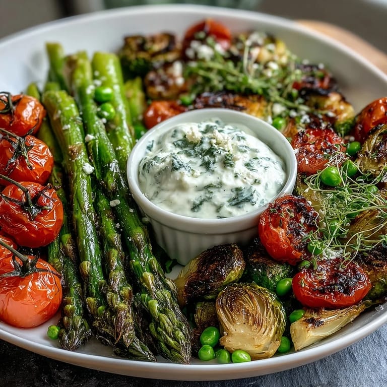 Fresh spring vegetable platter with radishes, peas, and herb dip, ideal for entertaining or light snacking.