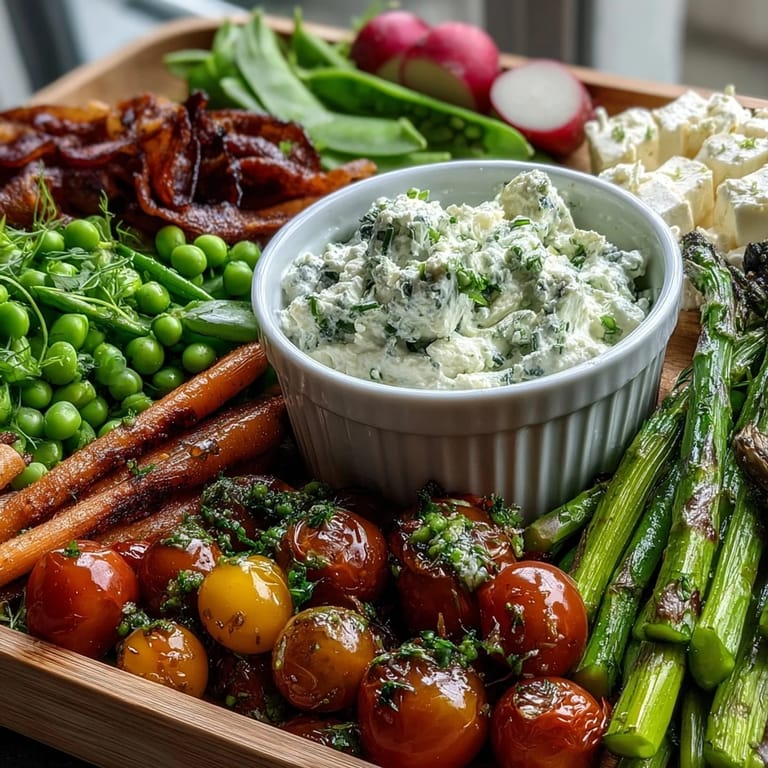 Colorful spring vegetable board featuring radishes, peas, and herb dip, a fresh and healthy appetizer option.