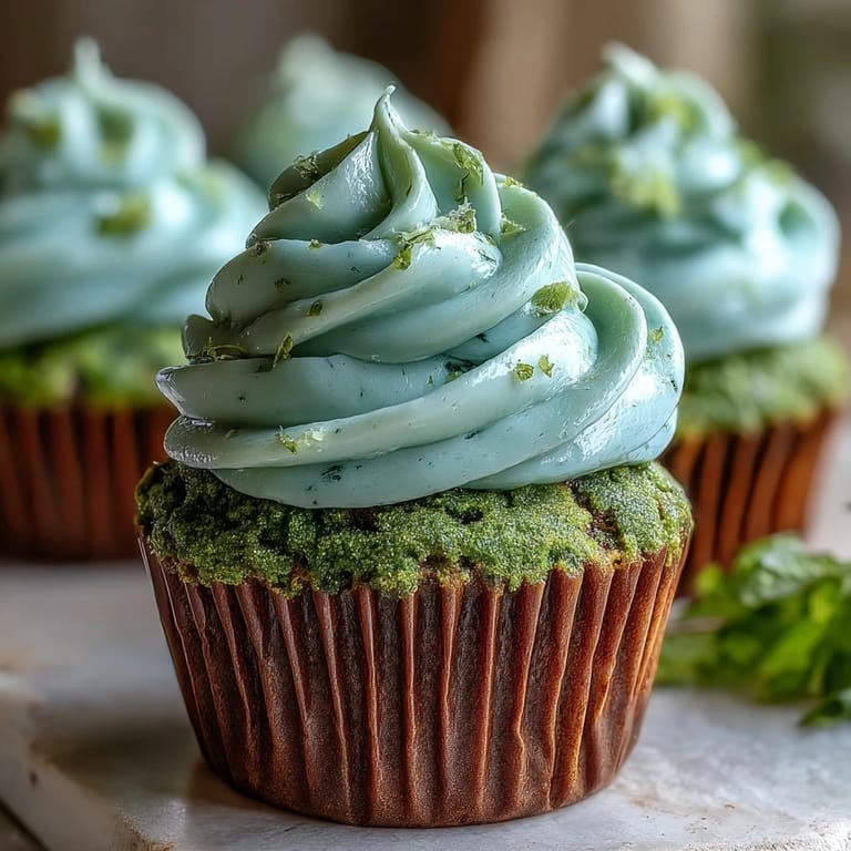Moist green velvet cupcakes with a hint of cocoa, crowned with smooth cream cheese frosting for a perfect St. Patrick's Day treat.